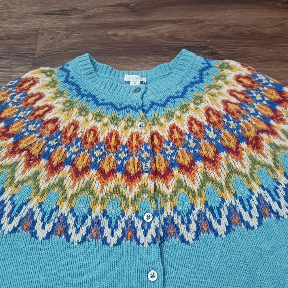 Sundance Cardigan Sweater Womens XL Blue Lambswool Fair Isle Knit Nordic READ - Picture 2 of 7